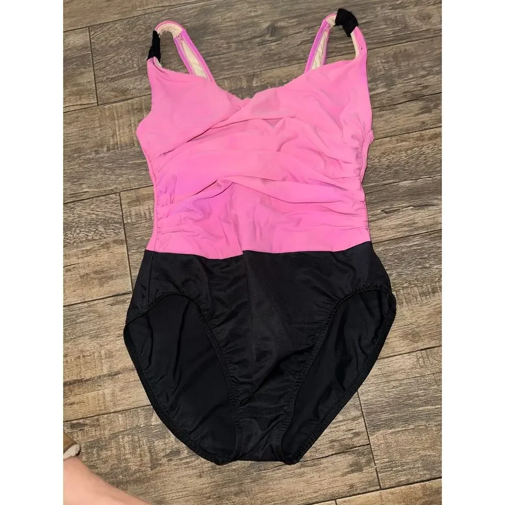 Vintage Miraclesuit One-Piece Swimsuit Size 12 Pink Black Colorblock Ruched